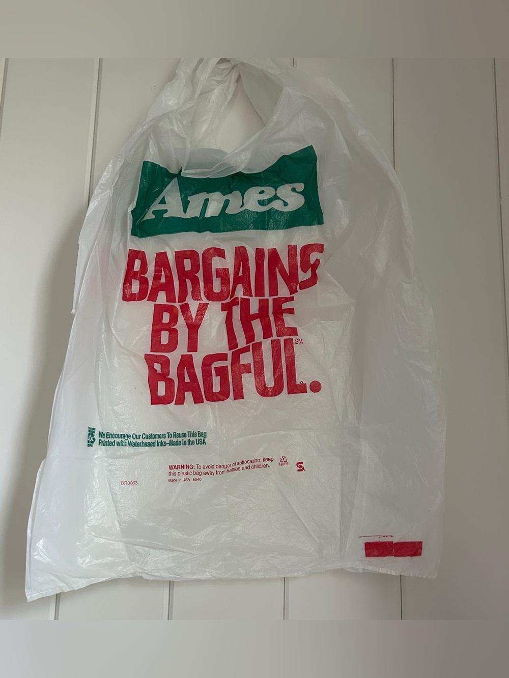 90s Ames Bargains By The Bagful Plastic Tote Bag White RedGreen Logo vintage Y2K